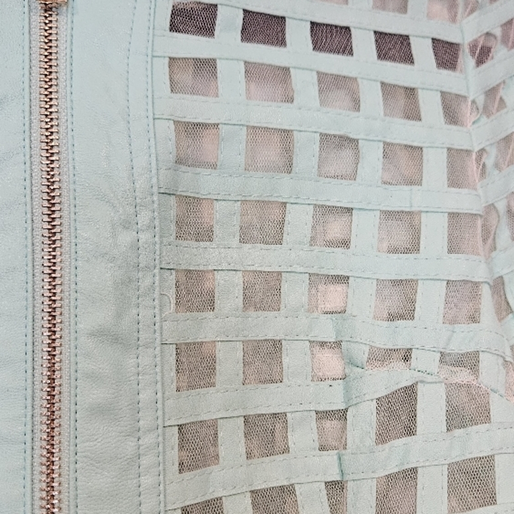 Mesh Light Aqua Open Weave Zip-Front Moto Pleather Jacket - Picture 3 of 11
